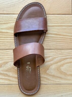 Made In Italy Brown Leather Flat Slides Minimalist Boho Euro Summer Sz 8 Narrow